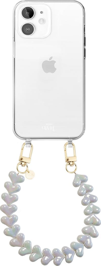 xoxo Wildhearts siliconen hoesje geschikt voor iPhone 12 hoesje - Funky Hearts - Telefoonhoesje - Hoesje met koord - Metallic Wit koord - kort telefoonkoord - Hartjes ketting - Transparant hoesje