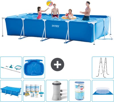 Intex Rechthoekig Frame Zwembad - 450 x 220 x 84 cm - Blauw - Inclusief Solarzeil - Onderhoudspakket - Zwembadfilterpomp - Filter - Grondzeil - Schoonmaakset - Ladder - Voetenbad - 9-delig
