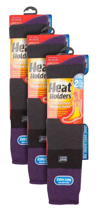 Heat Holders - 3 paar kniehoge skisokken voor dames - Houtskool / Paars
