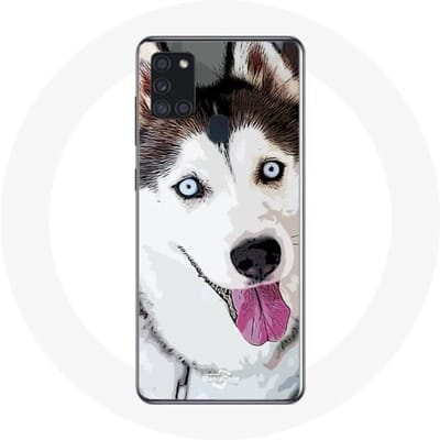 Samsung Galaxy A21S Hoesje Witte Siberische Husky Blauwe Ogen wit