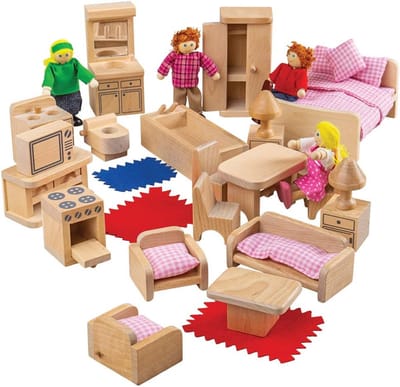 Uitgebreide Poppenhuis Set met Houten Meubels en Poppetjes (26 Delig)