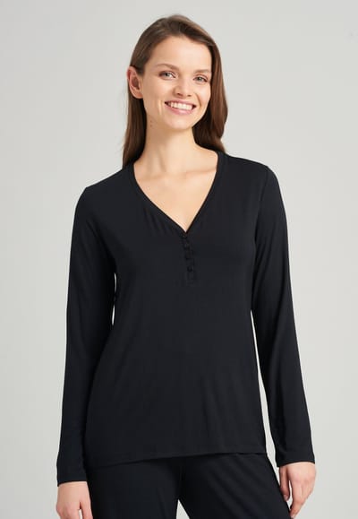 SCHIESSER Mix+Relax T-shirt - dames shirt lange mouwen modal v-hals knoopsluiting zwart