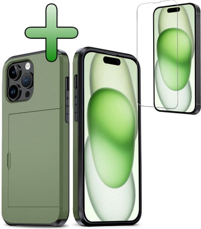 Hoes Geschikt voor iPhone 15 Pro Hoesje Hard Case Met Pas Houder Met Screenprotector - Hoesje Geschikt voor iPhone 15 Pro Hoes Shockproof Hard Cover Met Kaarthouder - Donkergroen