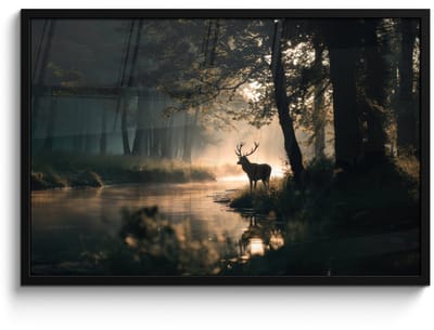 Poster in lijst - Fotolijst 90x60 cm - Posters - Hert - Bosbeek - Mystiek - Posterlijst zwart - Decoratie - Wanddecoratie woonkamer - Muurdecoratie slaapkamer