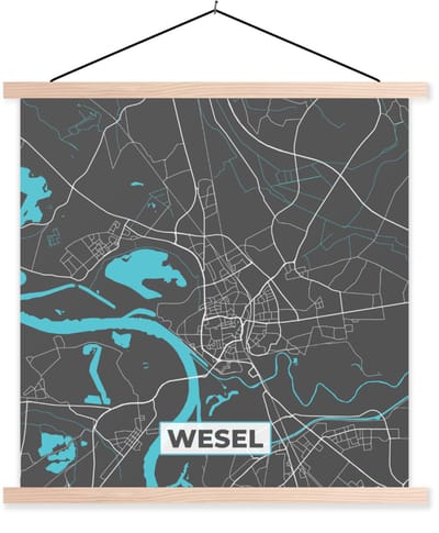 Posterhanger incl. Poster 40x40 cm - Schoolplaat - Duitsland – Blauw – Wesel – Stadskaart – Kaart – Plattegrond - Textielposter - Blanke latten - Stadskaart