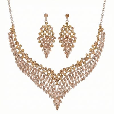 Roségoudkleurige statement ketting voor dames – sieradenset met oorbellen – ketting met champagnekleurige stenen in bladmotief