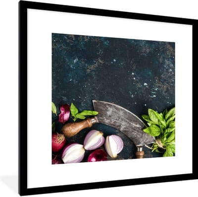 Fotolijst incl. Poster - Groente - Kruiden - Wiegemes - Ui - Specerijen - Rustiek - 40x40 cm - Posterlijst