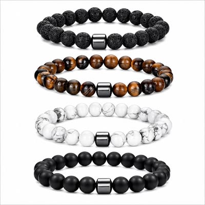 Set van 4 kralen armbanden voor heren en dames in zwart, bruin en wit met natuursteen look
