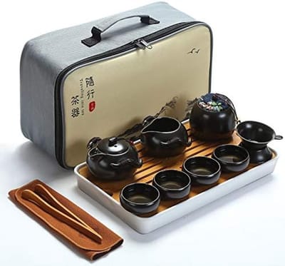 PromoHome Draagbaar Theeservies Set - Keramische Theepot met Bamboe Plateau en Reis Tas