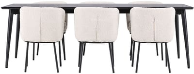 Ellis eethoek tafel 85x230cm en 6 bouclé stoelen zwart.