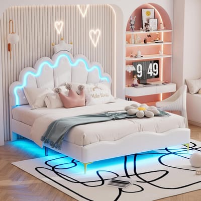 Gestoffeerd Kinderbed met LED Hoofdbord en Kroonvorm - Wit - 140x200 cm