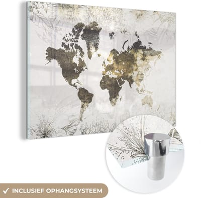 ® Glasschilderij 120x80 cm - Schilderij acrylglas - Wereldkaart - Bloemen - Goud - Foto op glas - Muurdecoratie woonkamer - Wanddecoratie slaapkamer - Schilderijen