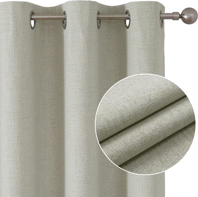 PolkaHome 100% ondoorzichtige gordijnen met inslagringen, linnenlook, 2 stuks, verduisteringsgordijn, linnen, thermogordijn, hittebescherming, warmte-isolerende coating, ruglaag voor slaapkamer en