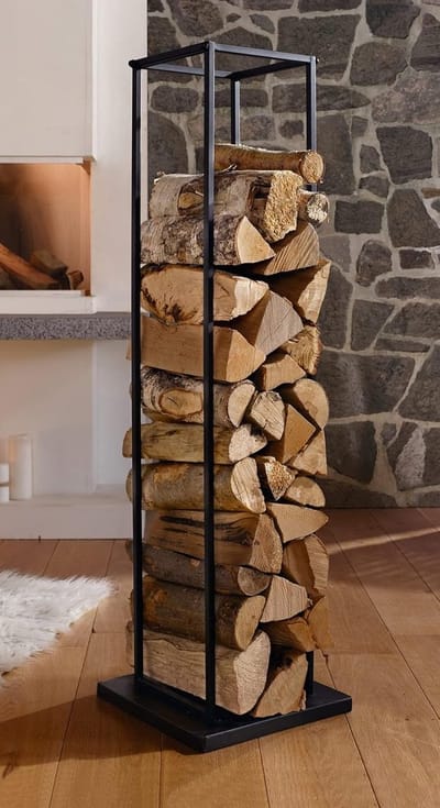 Brandhoutrek Metaal - Houtmand Opslag - Haardhout Opslaan - Modern Design - 33x33x115cm - Zwart
