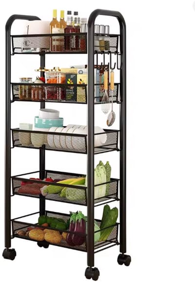 Stervia Opbergkar Keuken - Smalle Opbergkar - 5 Laags - Inclusief 4 Haken - Uitneembare Manden - Wielen Met Rem - Zwart - 102 x 44 x 26 cm