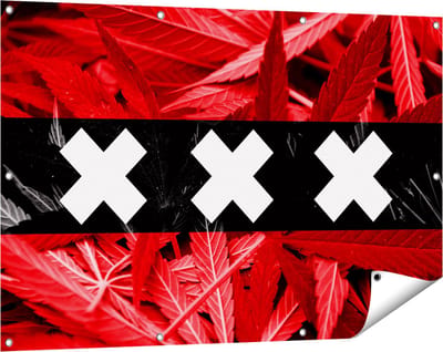 Gards Tuinposter Amsterdamse Vlag met Cannabis Achtergrond - 120x80 cm - Tuindoek - Tuindecoratie - Wanddecoratie buiten - Tuinschilderij