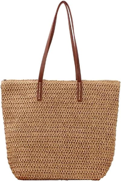 Rieten Schoudertas - Strandtas Leer - Zomerse Uitjes - Handgeweven Kwaliteit - 26 cm Breed - Bruin