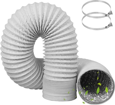 Flexibele afvoerslang 100 mm diameter, 2 m lang, PVC aluminium buis met 2 RVS slangklemmen voor ventilatiesystemen en afzuigkappen