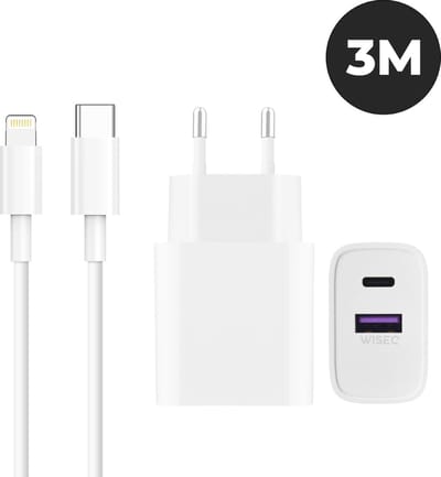 USB C naar Lightning Snellader - inclusief 3 meter Lightning oplaadkabel - Oplader met USA en USB C poort - geschikt voor iPhone 14 / 13 / 12 / 11 / X en iPad - wit - WiseQ