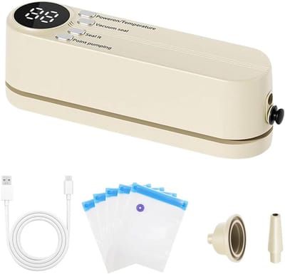 Mini Vacuümverpakker - Draagbare Sealer - Levensmiddelen Vers Houden - 3 Temperatuurstanden - 5 Zakjes Inbegrepen - Beige