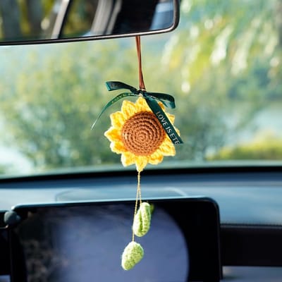 Handgemaakte Gehaakte Zonnebloem voor Achteruitkijkspiegel - Oranje Bloem Auto Accessoire