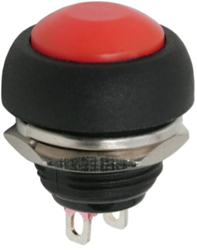 5x Inbouw Drukknop Schakelaar SPST OFF-(ON) - Momentane Push Button 250VAC 1A - Normaal Open Ronde Drukschakelaar - Zwarte Behuizing Met Rode Knop - Inbouwmaat 11mm - Aansluitingen 3x4mm - Verkoopeenheid 5 Stuks [09044PI]