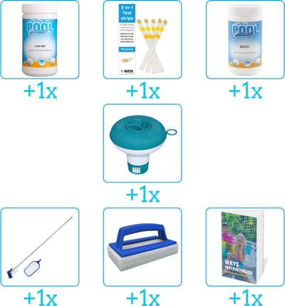 Zwembad Onderhoudspakket - Onderhoud Zwembad - bevat Chloor - Testrips - Chloor - Chloordrijver - Schoonmaakset - Scrubborstel en Zwembadgids (7-delig)