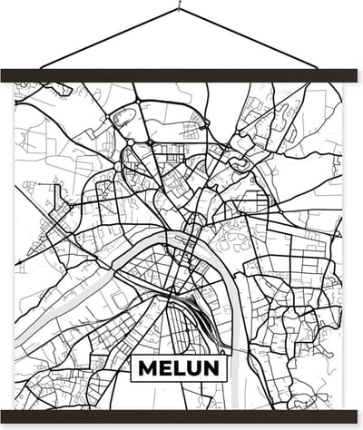 Posterhanger incl. Poster 60x60 cm - Schoolplaat - Kaart – Melun - Stadskaart – Frankrijk – Plattegrond - Zwart wit - Textielposter - Zwarte latten - Stadskaart