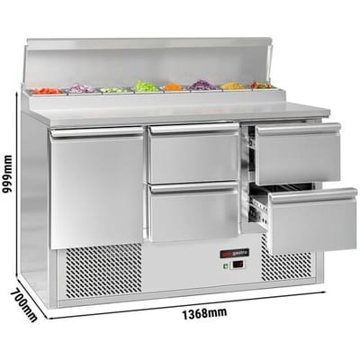 GGM Gastro Zubereitungstisch Mini ECO - 1365mm - 1 Tür & 4 Schubladen - für 8x GN 1/6 Zilver