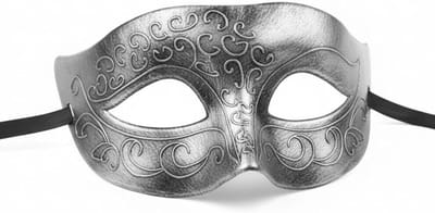 Antiek Zilveren Venetiaans Masker met Filigree Ornamenten, Metallic Coating en Verstelbare Strap voor Carnaval
