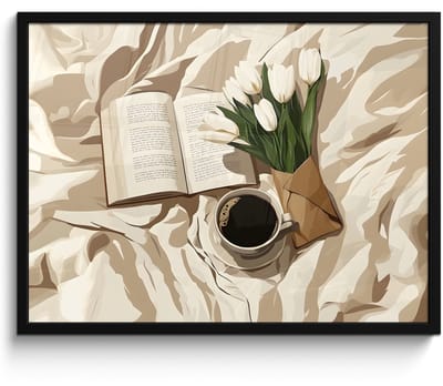 Poster in lijst - Fotolijst 70x50 cm - Posters - Boek - Illustratie - Tulpen - Koffie - Posterlijst zwart - Decoratie - Wanddecoratie woonkamer - Muurdecoratie slaapkamer