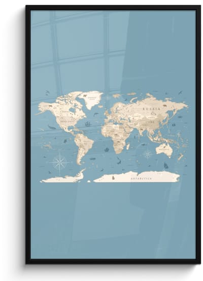 Poster in lijst - Fotolijst 80x120 cm - Posters - Wereldkaart - Oceaan - Realistisch - Blauw - Posterlijst zwart - Decoratie - Wanddecoratie woonkamer - Muurdecoratie slaapkamer