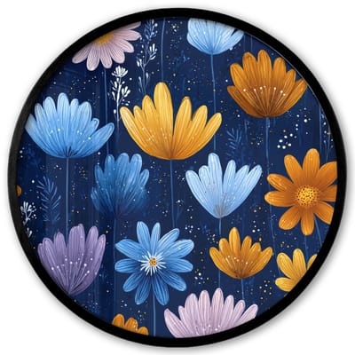 Poster in lijst Rond - Fotolijst 40x40 cm - Posters - Bloemen - Patroon - Blauw - Contrast - Ronde posterlijst zwart - Decoratie - Wanddecoratie woonkamer - Muurdecoratie slaapkamer