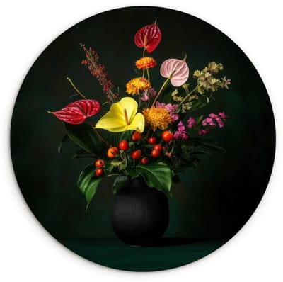 WallCircle® Wandcirkel 120x120 cm - Muurcirkel Bloemen - Vaas - Zwart - Muurdecoratie woonkamer - Wanddecoratie slaapkamer - Kamer decoratie accessoires - Ronde schilderijen XXL