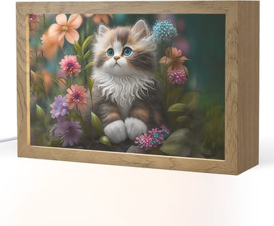 Nachtlampje 30x20 cm - Kinder lampje - Kitten - Illustratie - Bloemen - Natuur - Kat - Tafellamp kinderkamer - Slaapkamer lamp - Bedlamp kinderen - Kinderlampje stopcontact - Wandlamp babykamer - Nachtlampjes