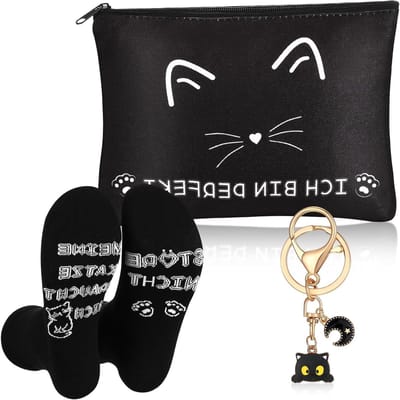 Cadeauset voor kattenliefhebbers met katten sleutelhanger, sokken en cosmetica tas voor moeders, perfect voor verjaardagen en speciale gelegenheden