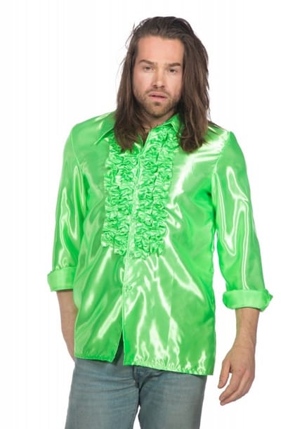 Jaren 80 & 90 Kostuum | Groene Ruchesblouse Satijn Foute Neon Disco | Maat 48 | Carnaval kostuum | Verkleedkleding