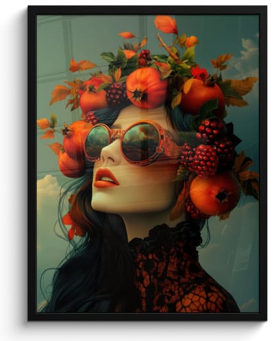 Poster in lijst - Fotolijst 50x70 cm - Posters - Vrouw - Granaatappel - Herfst - Zonnebril - Posterlijst zwart - Decoratie - Wanddecoratie woonkamer - Muurdecoratie slaapkamer