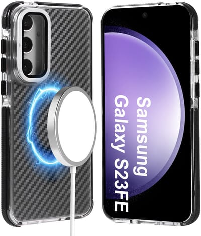 Magsafe Hoesje Geschikt voor Samsung S23 FE hoesje Zwart Heavy Duty Carbon Case met Versterkte Zijkanten, MagSafe en Camera Kickstand
