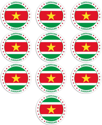 Vlag van Suriname stickers - 10x - rond - D14,8 cm - In vlag kleuren - Landen thema decoratie - feestartikelen - versieringen - supporters