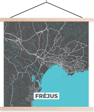 Posterhanger incl. Poster 40x40 cm - Schoolplaat - Fréjus - Kaart - Plattegrond - Stadskaart - Frankrijk - Textielposter - Blanke latten - Stadskaart