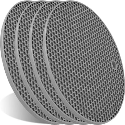 Peysaitr - Siliconen pannenlappen - Honingraat Design - Rond - Anti-slip & Warmtebestendig - Voor potten en pannen - 17,5 x 17.5cm - Grijs - 4 stuks
