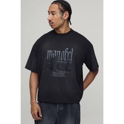 Oversized Boxy T-shirt Met Ruwe Zoom Gewassen Palmbomenprint | Black | Size XS