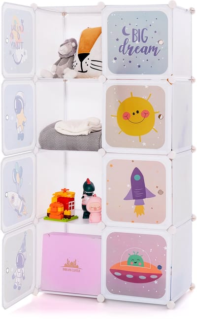 COSTWAY Kledingkast voor kinderen, reksysteem van kunststof met 8 kubussen, kinderrek uitbreidbaar met deuren en 2 hangers, opbergkast, opbergrek voor kinderkamer, speelkamer (wit)