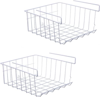 Famanu – Opbergmand onder de plank - 2-pack Onder de plank Opknoping metalen draad opbergmand Organizer voor keuken - kast - kantoor - bijkeuken - badkamer - kast - wit