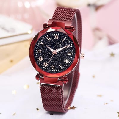 Modieus Dames Horloge met Ronde Wijzerplaat, Romeinse Cijfers, Quartz, Legering, Mesh Band(Rood) black