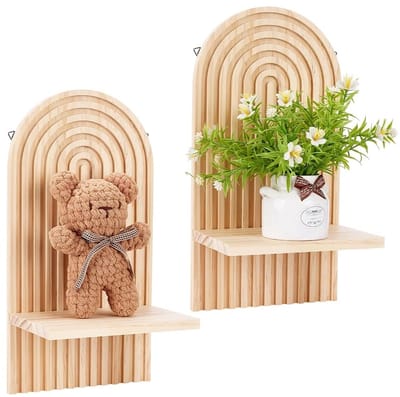Dailygoods- Boogwandlampen Boho - Wanddecoratie Hout Natuurlijk - Regenboog Kaarsenhouder - Wandlampen voor Badkamer/Slaapkamer - 34,5 x 18 cm