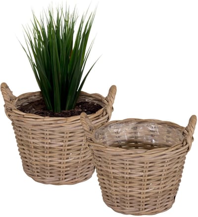 Mega Collections Planten/bloemen mand Levi - 2x - rotan - naturel - D35 x H25 cm - plantenpot voor buiten