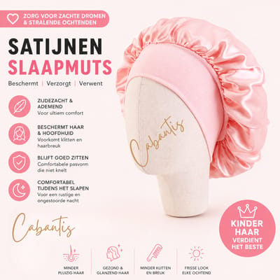 Cabantis® Kinder Slaapmuts Satijn – Anti Pluis & Klitten – Zachte Bonnet voor Krullen – Beschermt Haar tijdens Slapen – Comfortabele Pasvorm - PastelRoze