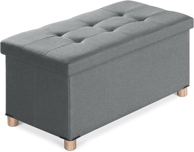 Linnen opbergpoef met houten poten - Multifunctionele ottomaanse bank voor woonkamer - Grijs - 76 x 38 x 38 cm